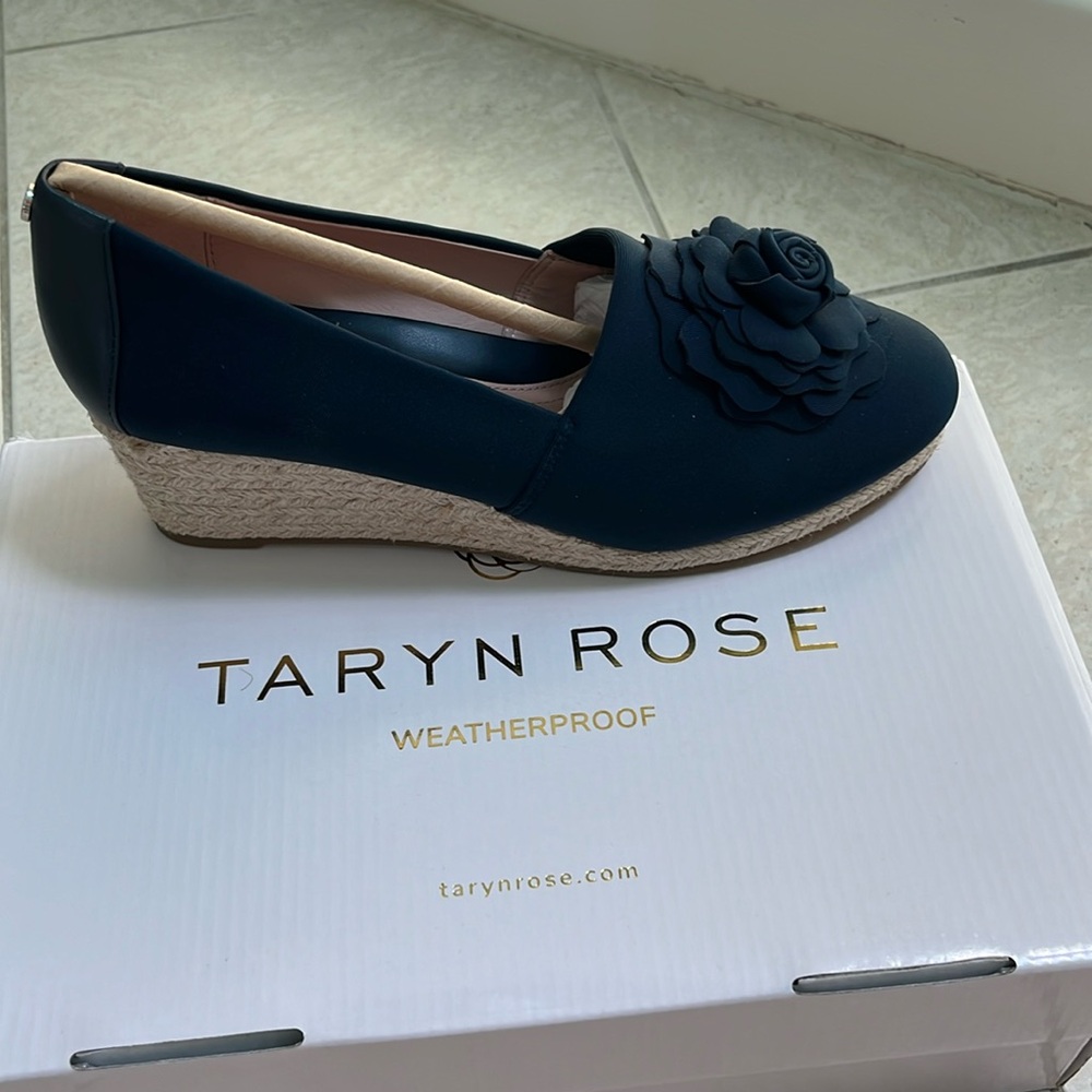 Taryn Rose Navy Wedge Loafers with Rosette Accent